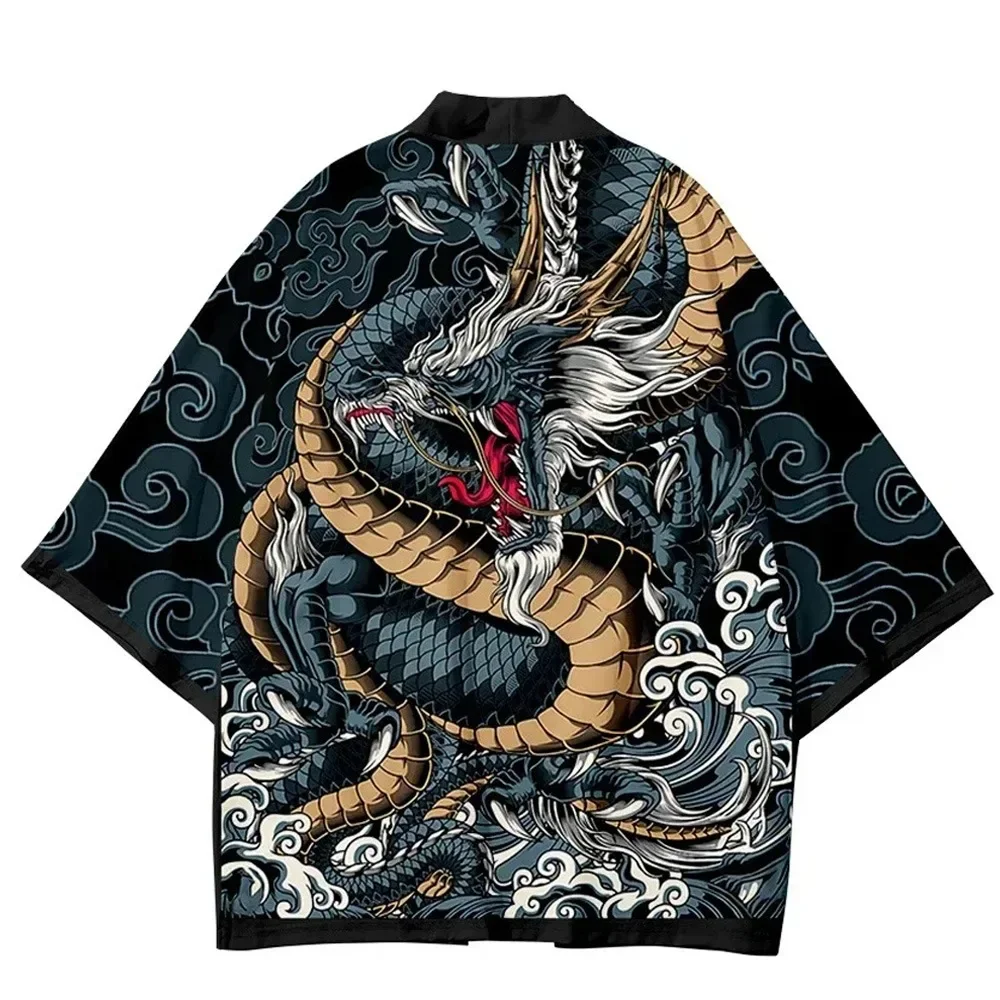 

Traditional Samurai Kimono Men Japanese Anime Dragon Print Cosplay Haori Female Women Cardigan Yukata Shirt Summer Robe