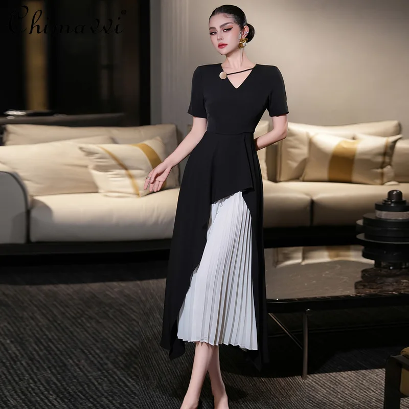 

French Elegant Fashion Socialite V-neck Short Sleeve High Waist Slim Fit Pleated Patchwork Temperament Long Evening Dress Women