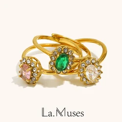 La.Muses Elegant luxury flower Oval zircon Rings stainless steel jewelry woman gold plated Party Women's accessories Decoration