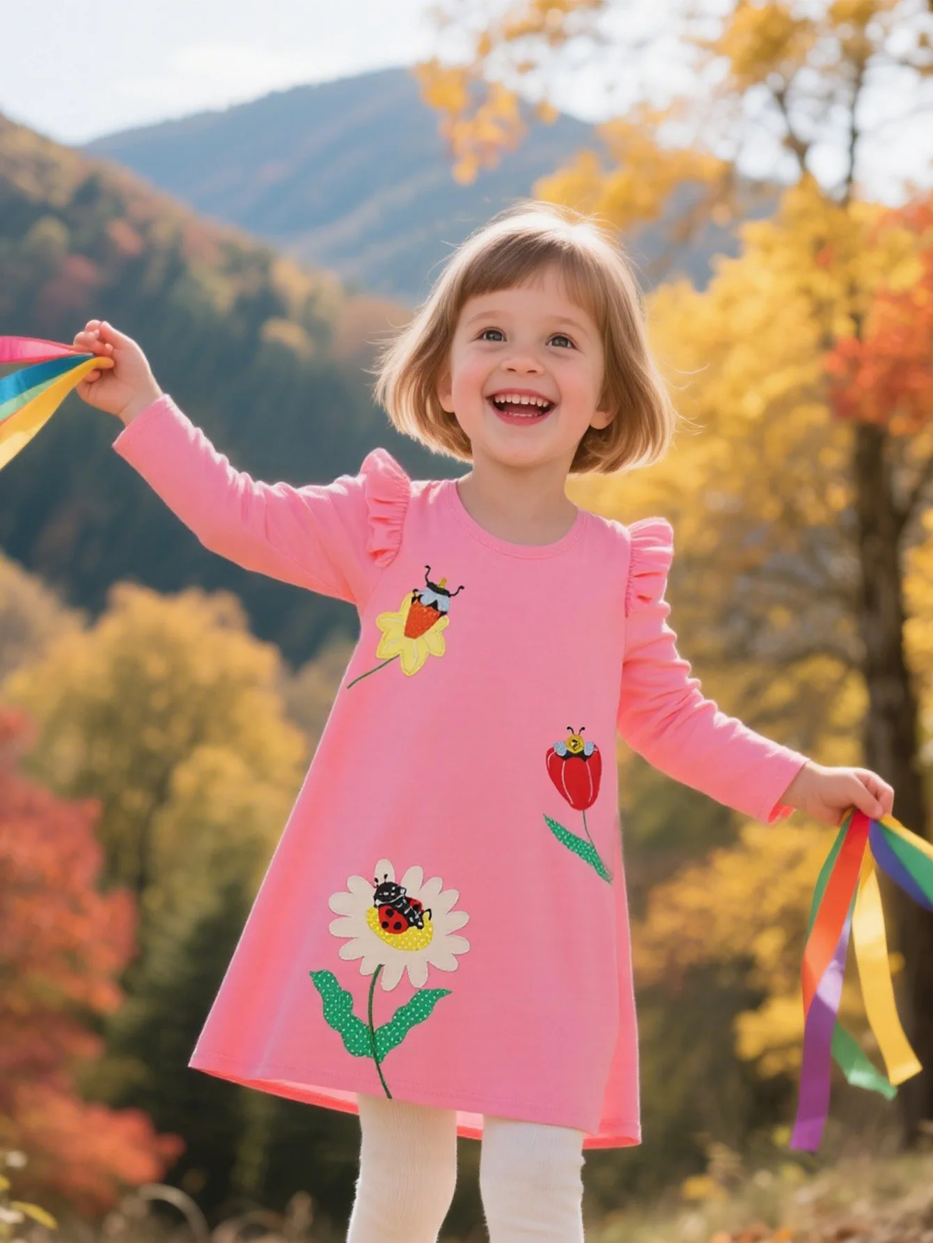 vestido-infantil-feminino-rosa-com-estampa-floral-e-bugs-e-mangas-com-babados-lindo-roupa-casual-de-outono