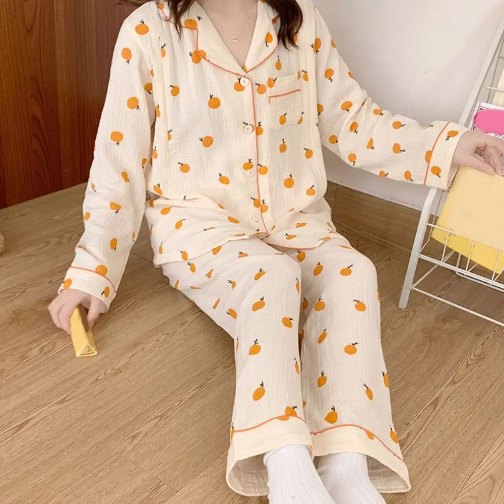 

Fashion V-neck Fruits Pajamas Suit Sweet Loose Two Piece Nightwear Short-sleeves Homewear Orange Nightdress Set Long Style