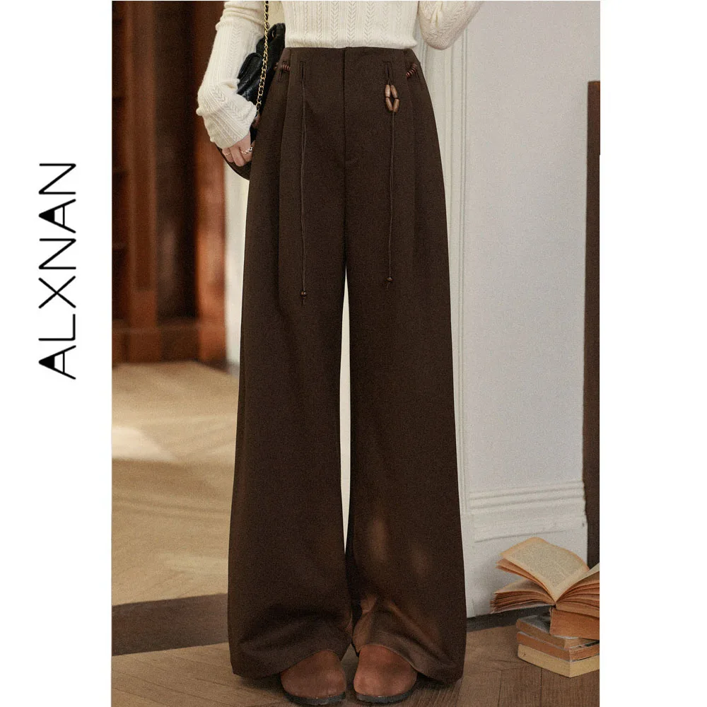 ALXNAN Coffee Pants Women 2026 Autumn New Mocha Drape Wide Leg Long Casual Pants Vintage Elegant Female Trousers L68327