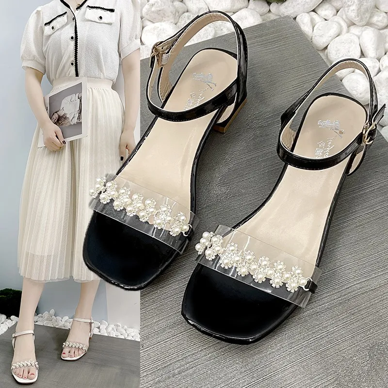 Sizes 34-39 Summer Water Diamond Simple Open Toe Square Head Medium Thick Heels with Sandals Women's Thick Heels Women's Shoes