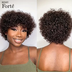 Pelucas de encaje sin pegamento para mujer, cabello humano Afro rizado corto Bob, hecho a máquina, marrón