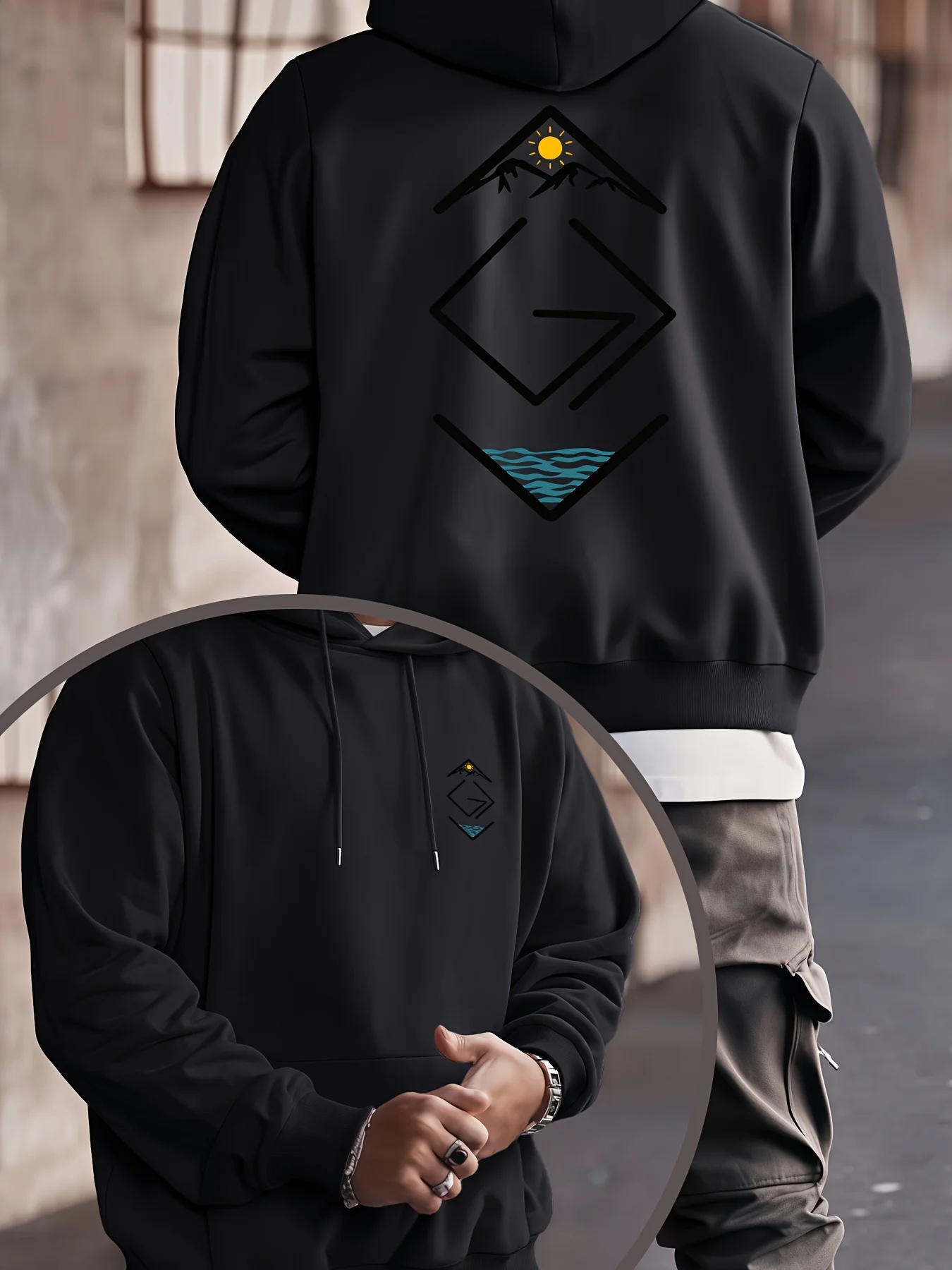 Street style abstract mountain-sea-sun pattern printed men's hooded sweater - Hip-hop sporty outdoor simple hooded sweatshirt