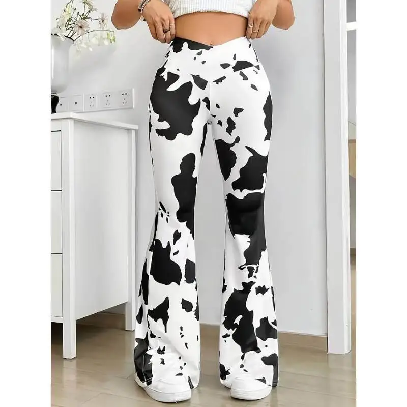 Flared Pants S 91390 Cow Print Casual Trousers Harlan Style Mid-Low Waist Other Material 100% Printed Bull Pattern