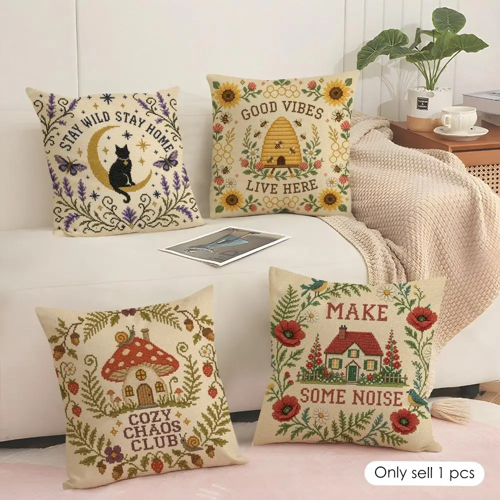 Folk Cross Stitch Home Cushion Cover Soft Short Plush Pillow Cover Smooth Cozy Texture Aesthetic Cushion Case Home Decor