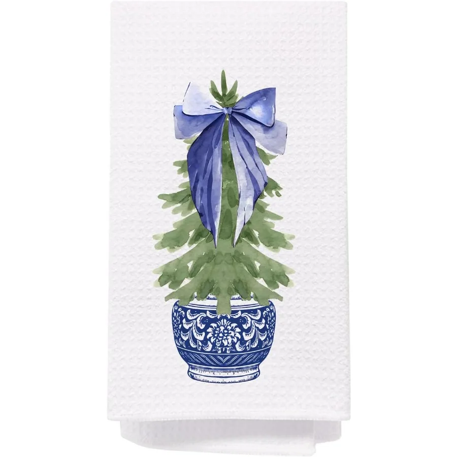 

Chinoiserie Christmas Tree Hand Towels Blue and White Porcelain - 16x24 Ih Bathroom and Kitchen Decor