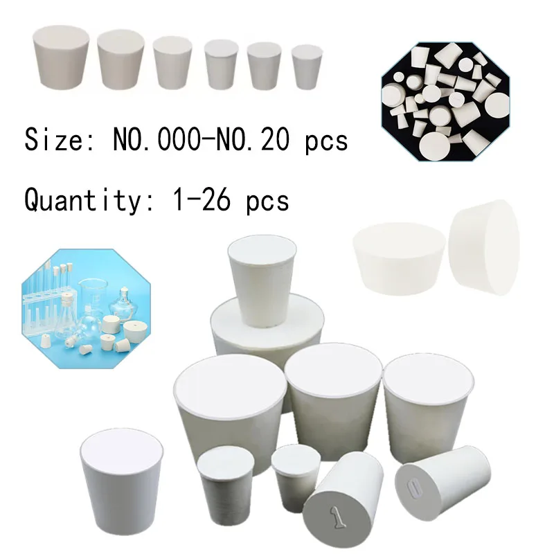 1 ~ 26 tapones de goma de laboratorio, tapones cónicos blancos sólidos para matraz de química y tubo de ensayo, tapones de sellado resistentes a álcalis