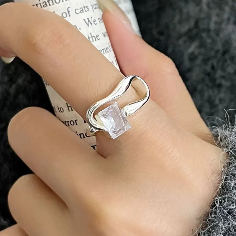 

PANJBJ 925 Sterling Silver Geometry Zircon Ring for Women Hollow Out Square Trend Versatile Line Irregular Jewelry Gift Dropship