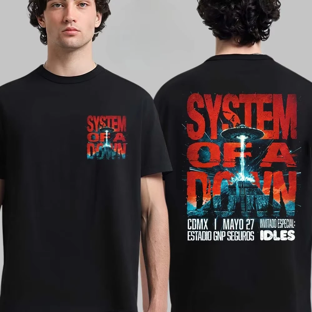 System of A Down Mexico City Show Graphic Tee UFO Pyramid Sci-Fi Metal Streetwear Casual Unisex