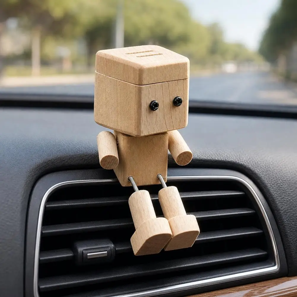 Cute Wooden Robot Car Air Freshener Natural Wood Robot Shape Car Diffuser Ornament Auto Interior Decor Fragrance Holder