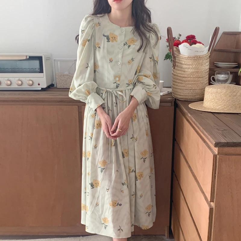 Snordic Women Sweet Floral Long Chiffon Dress with Belt 2022 Spring Summer Round Collar High Waist Slim Dresses Female