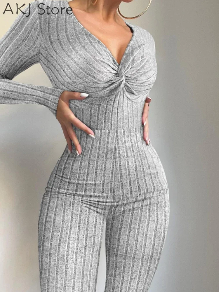 Women Twisted Long Sleeve Ribbed Skinny Jumpsuit