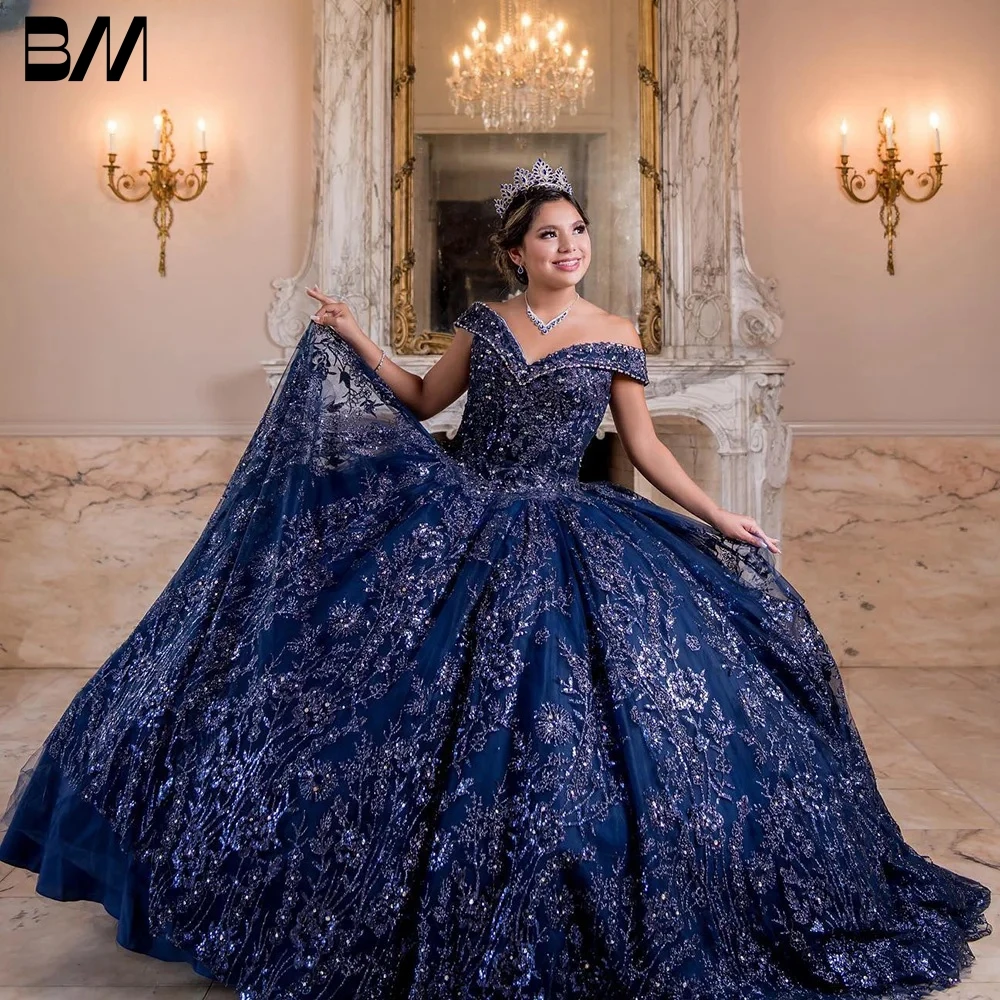 

Dark Blue Glitter Ball Gown Quinceanera Dresses Beaded Appliques Bridal Gown Party Floor-length Bride Dresses Vestidos De Novia