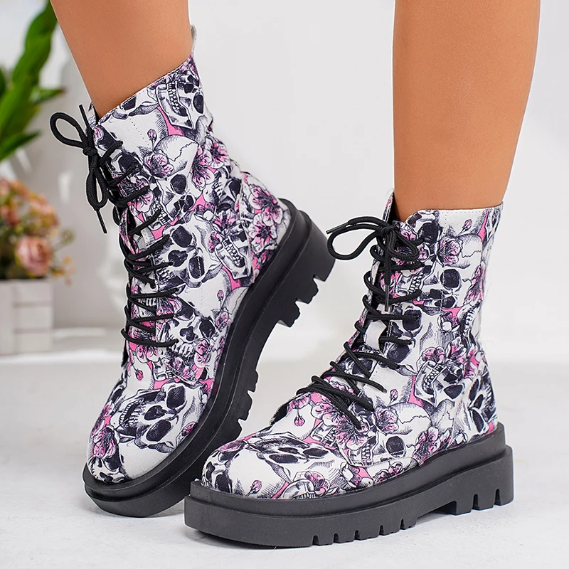 Women\'s Fashion Graffiti Printed Ankle Boots Platform Lace Up Flat Combat Booties Woman Non Slip Pu Leather Short Botines Mujer