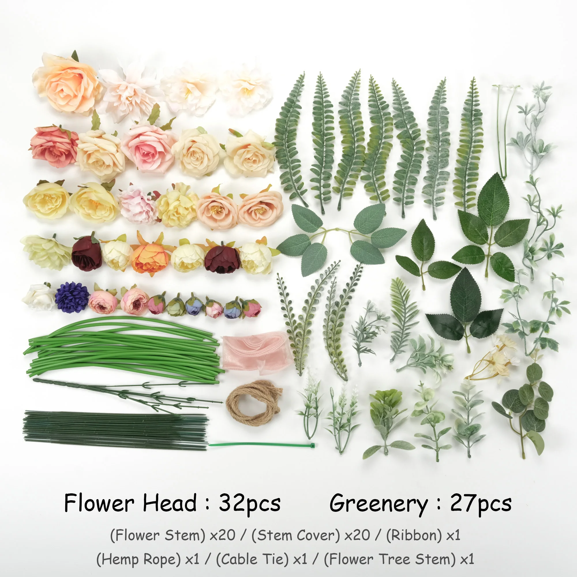 Artificial Silk Flower Head Greenery Material Package Combo Set For DIY Bouquets Floral Arrangemnet Table Cake Topper Decor