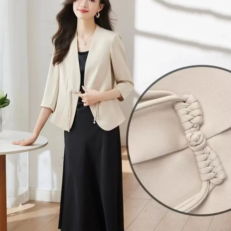 Summer New Chinese Style Fashion Temperament V-neck Suit Coat Women\'s Patchwork Button Long Sleeved Casual Simple Slim Suit Top