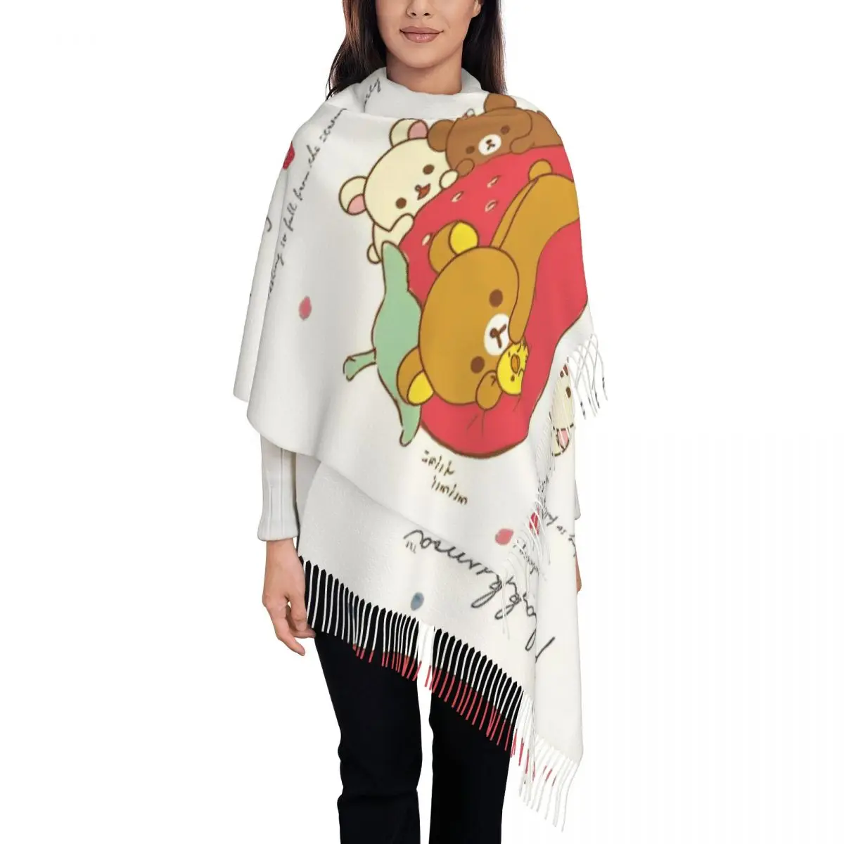 

Womens Scarf with Tassel Rilakkuma Strawberry Cartoon Long Super Soft Shawl and Wrap Gifts Cashmere Scarf