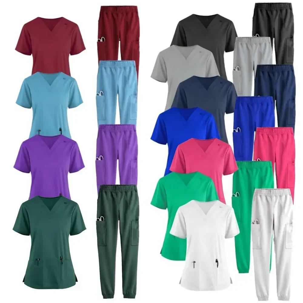 

Multicolour Jogger Suits Doctor Nursing Uniforms Short Sleeve V-neck Tops Pocket Pants Nurse Scrubs Set Medical Clinical Clothes