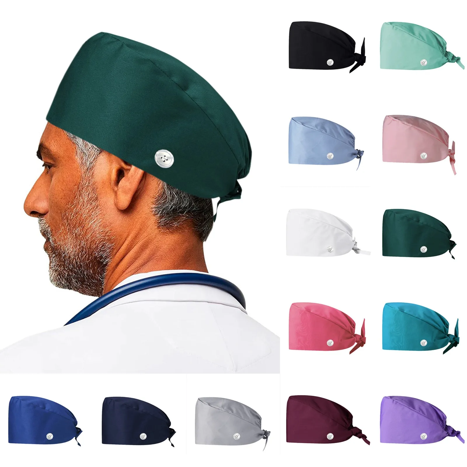 

Solid Color Scrub Cap With Button Pet Grooming Working Caps Surgical Cap Lab Work Hat Womens Scrub Hats Nurse Accessories