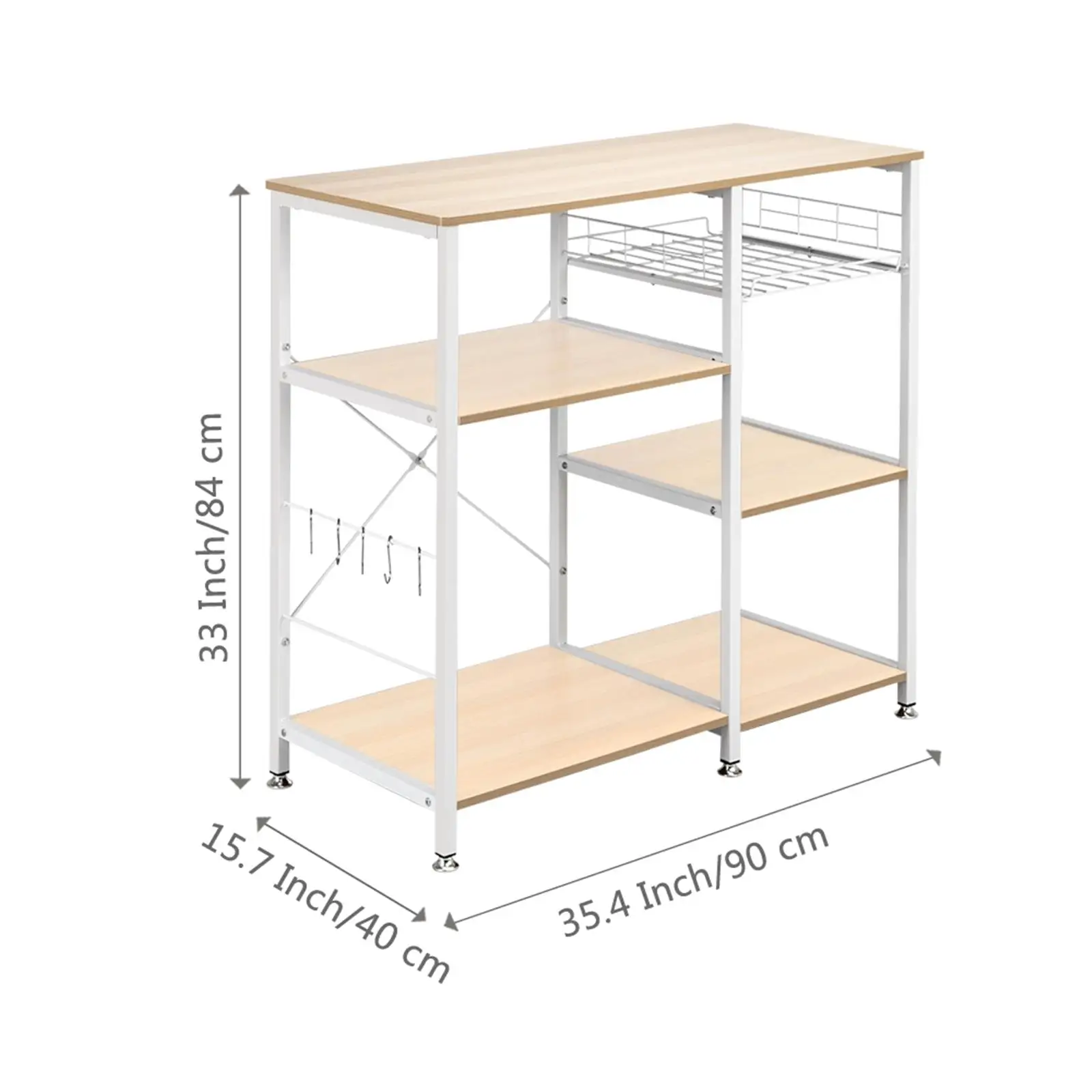 3-Tier Kitchen Baker's Rack - White Oak Utility Microwave Stand & Storage Cart Workstation Shelf