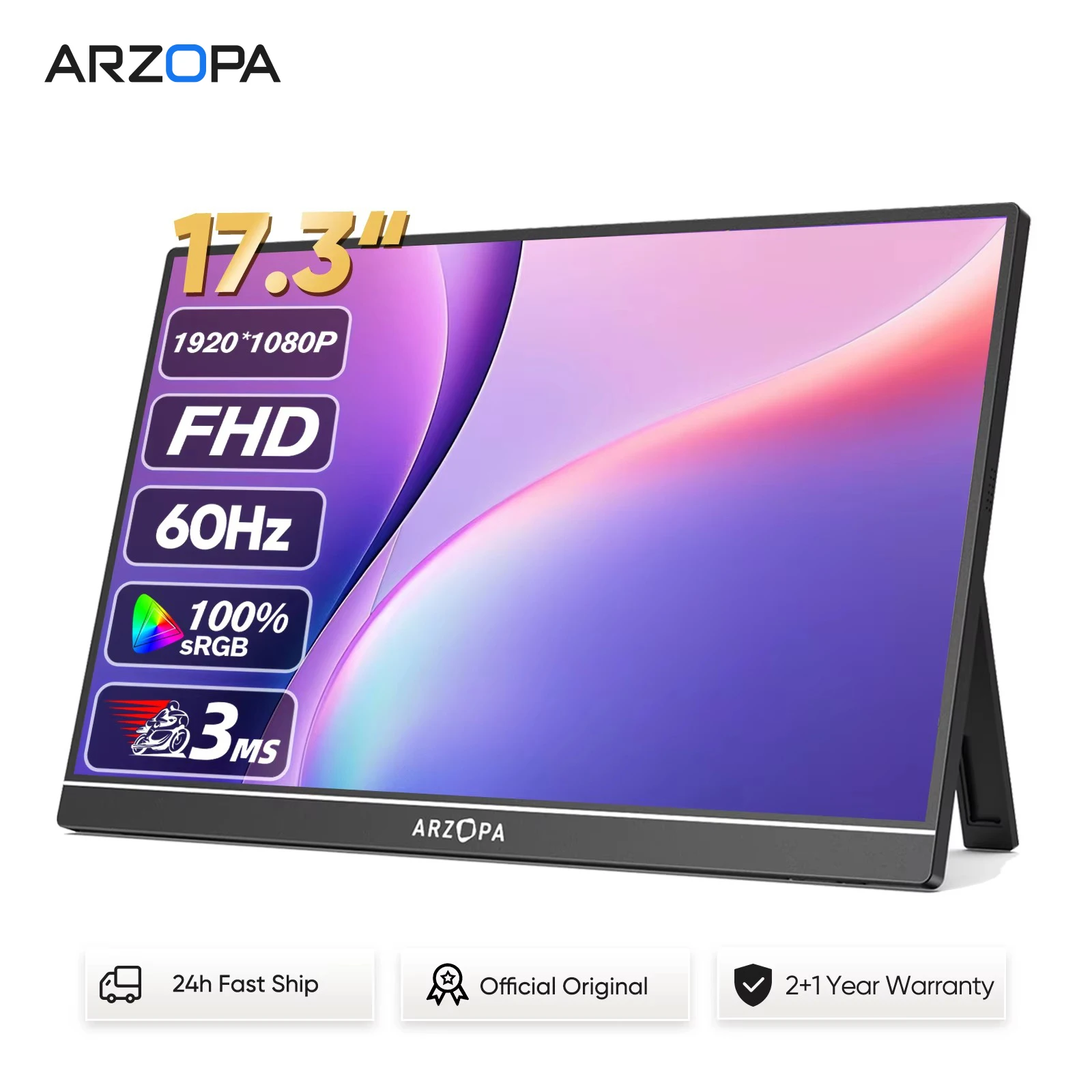ARZOPA 17.3inch 1080P FHD 100% sRGB Portable Monitor,16:9 IPS Screen,metal body,with type-c mini HDMI,Speakers