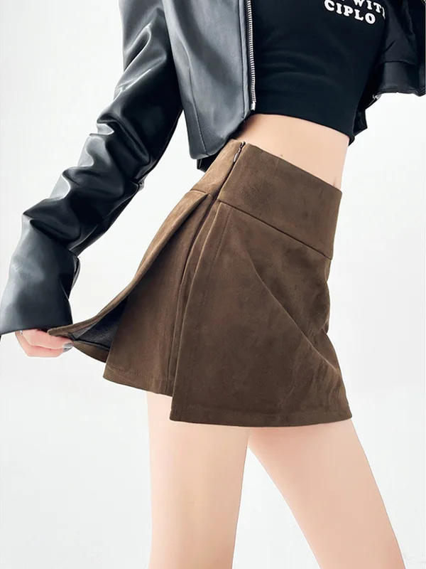 

Fall Winter Women's A-Line Skirt High Waist Zipper Design Polyester Fiber Side Slit Leather Velvet Skirts for Ladies