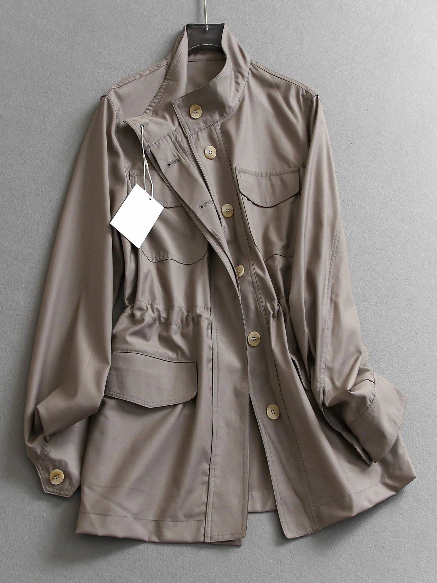 Casual Style Long Sleeve Windbreaker Jacket Women's Loose Fit Drawstring Waist Pure Color Stand Collar Multi Pocket Coat