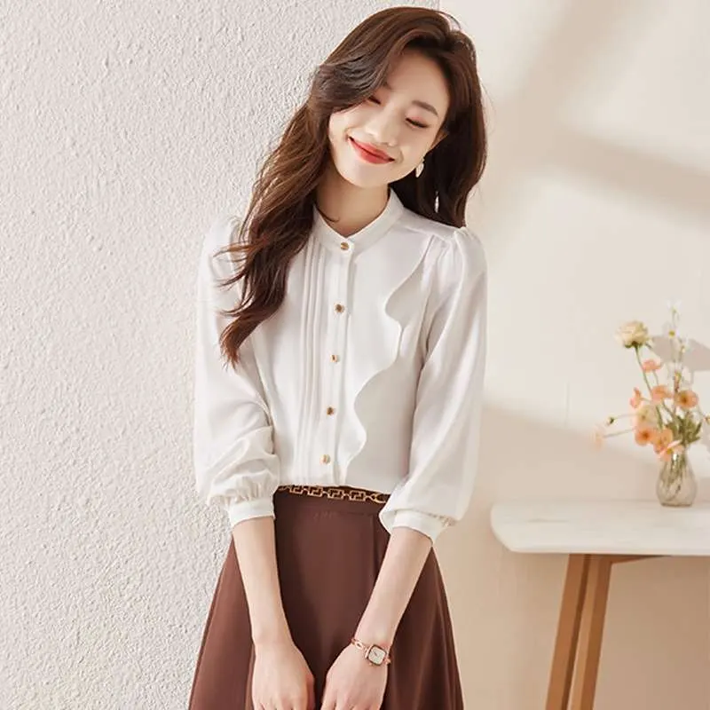 

French Stand Collar Chiffon irt Women's Design Sense Cleanfit Sle Long Sve Thin Polyester Fiber Pure Color Spring