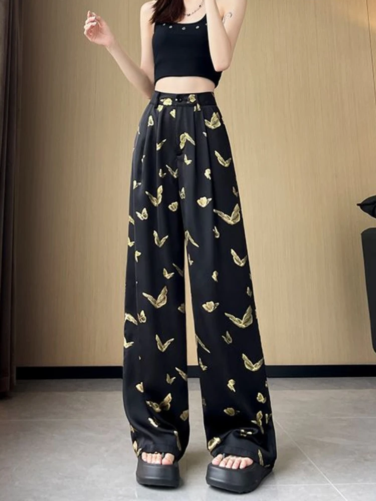 Fashion Vintage Pantalones De Mujer Butterfly Print High Waist Pockets Foldscasual Loose Pants All Match 2024 Women's Clothing