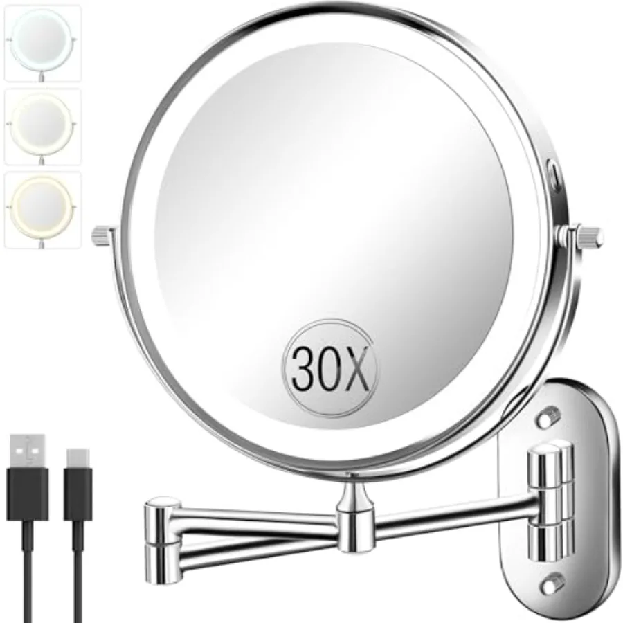 

30X/1X Wall Mounted Lighted Makeup Mirror, 8'' Double Sided Rechargeable Magnifying Bathroom Mirror with Light, 3 Color Lights