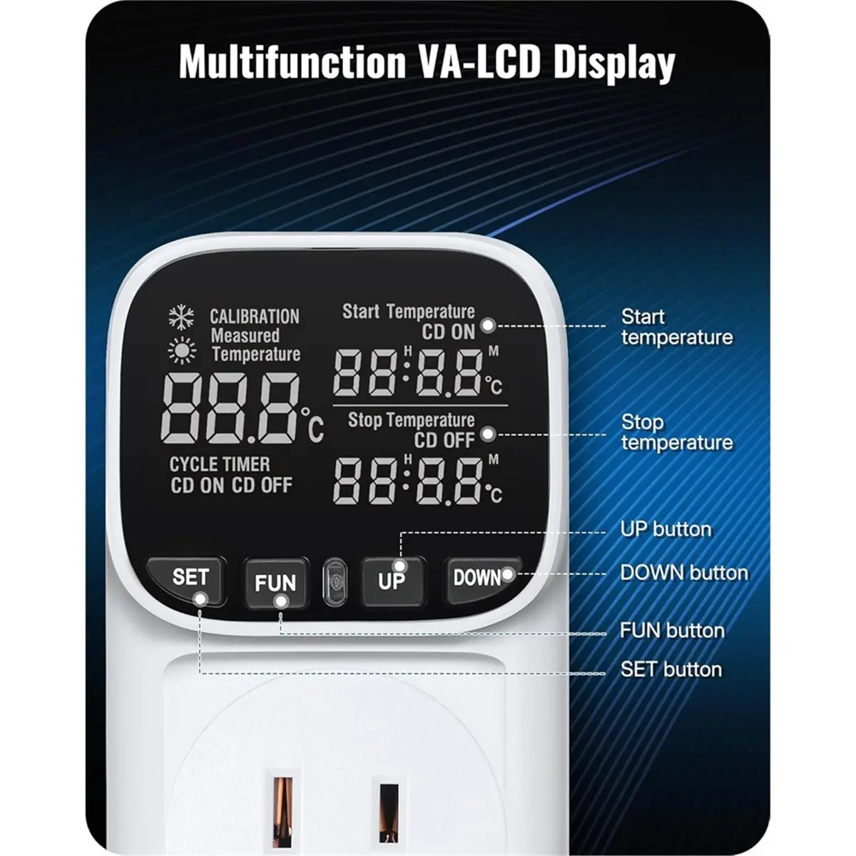 Digital Temperature Controller Outlet, 15A/1800W Heavy Duty, VA LCD Display, Heating/Cooling Control US Plug