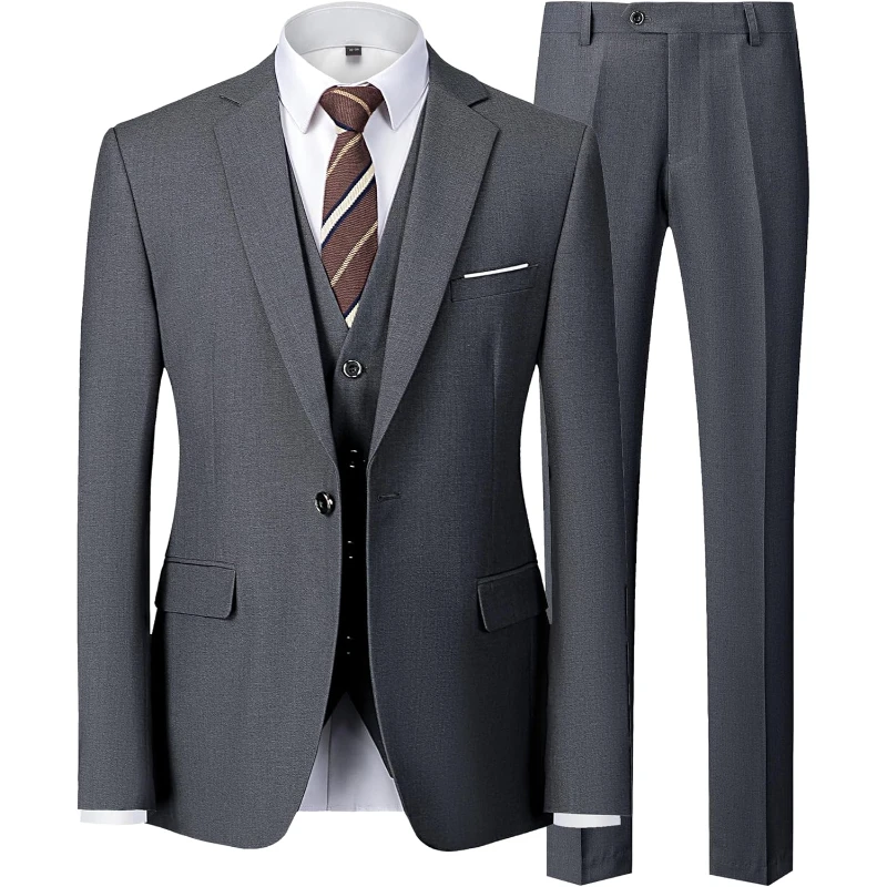 

3 Piece Slim Fit Men's Suit Men One Button Solid Jacket Vest Pants, Tuxedo Set For Wedding