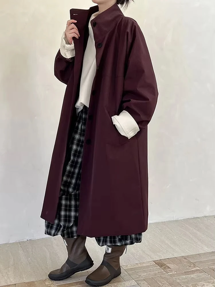 Women Navy Blue Big Size Long Elegant Trench New Stand Collar Long Sleeve Windbreaker Fashion Spring Autumn 2024 1DH6843