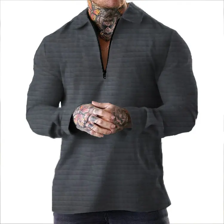 European and American Men's Fashionable Waffle - Textured Solid - Color Long - Sleeve Zippered Jacket, Casual Lapel Pullover.