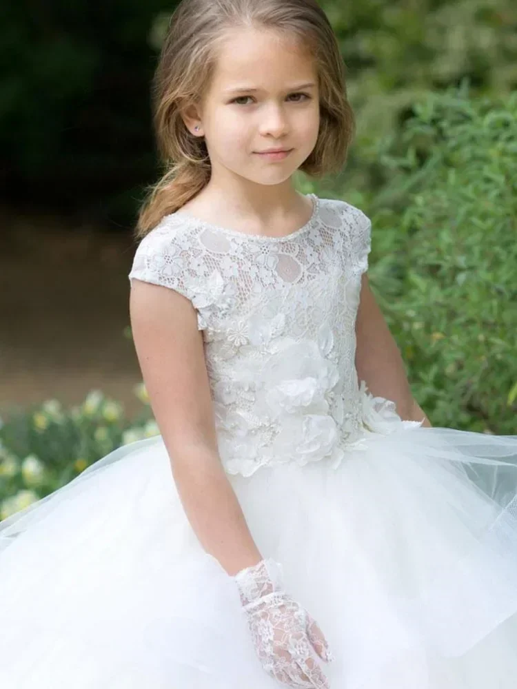 Платья для девочек-цветочниц, белый тюль, пышные кружевные аппликации, многоуровневый подол, без рукавов для свадьбы, дня рождения, пышные платья для святого причастия