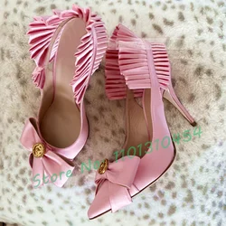 Bowknot Slingback Heels Sandals Women Sweet Pink Satin Ruffles High Heels Shoes Summer Girl's Amazing Runway Outdoor New Sandals