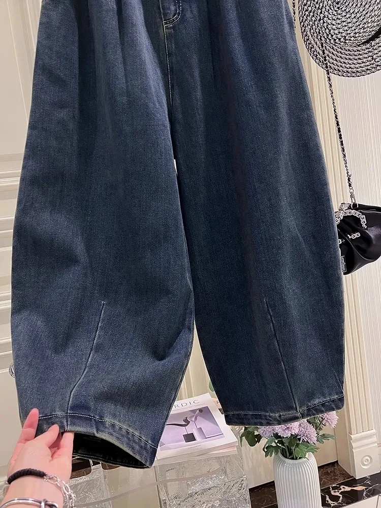 Plus size 5xl 140kg verão outono tornozelo comprimento calças elásticas wasit perna larga jeans para mulher tamanho grande jeans de grandes dimensões