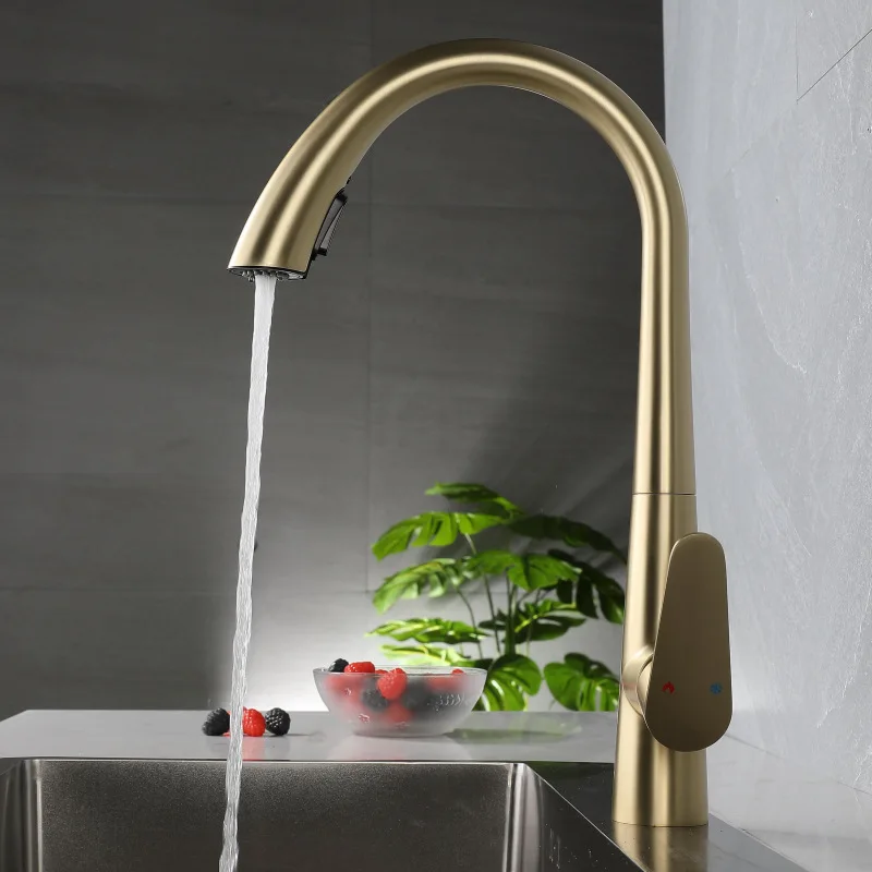 Pull Out Kitchen Faucet Brush Gold Sink Mixer Tap 360 degree Rotation Kitchen Mixer Taps Kitchen Tap No Lead 304 SUS Material