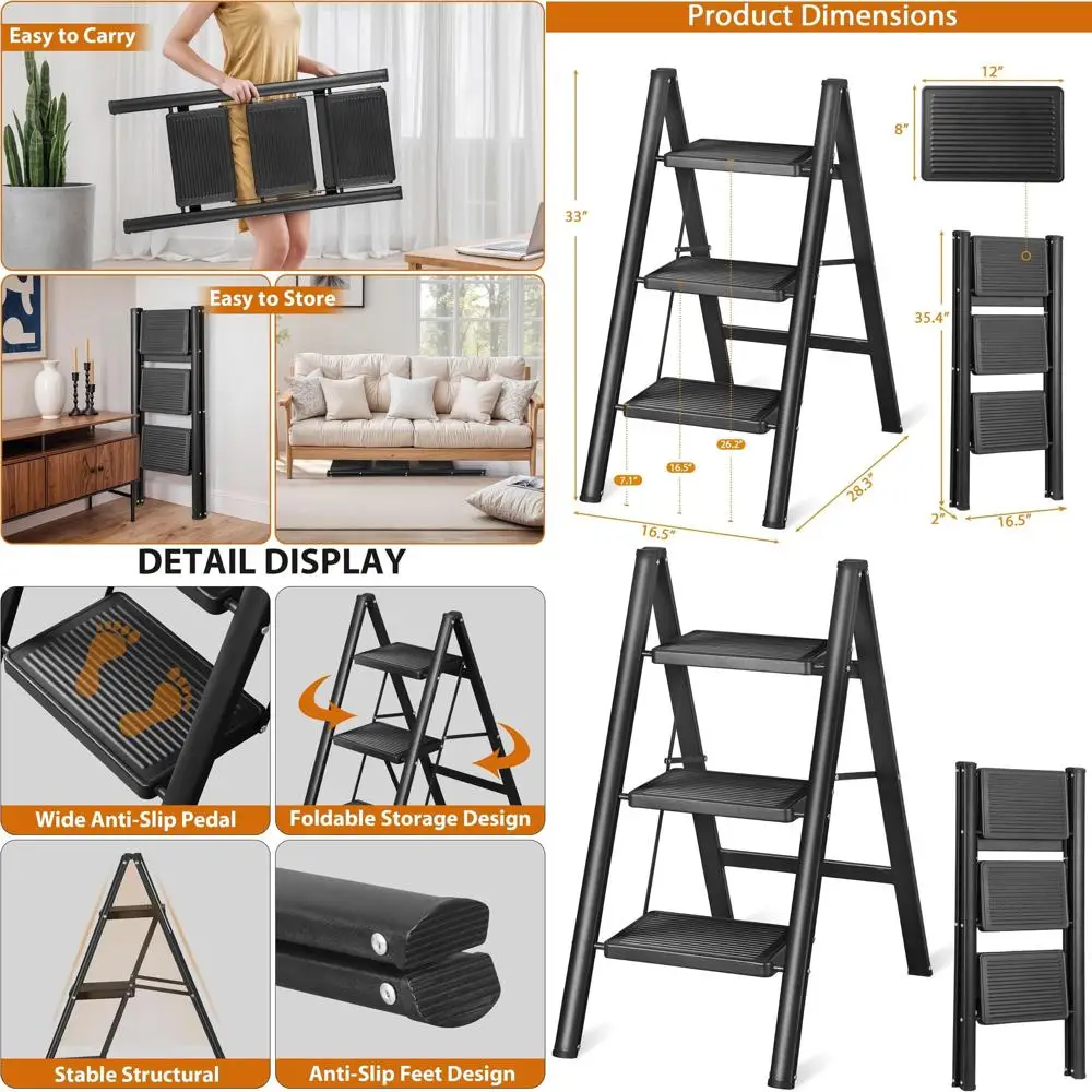 

Трехступенчатая складная стремянка с широкими противоскользящими ступенями, усиленная стальная стремянка для дома, кухни или гардеробной