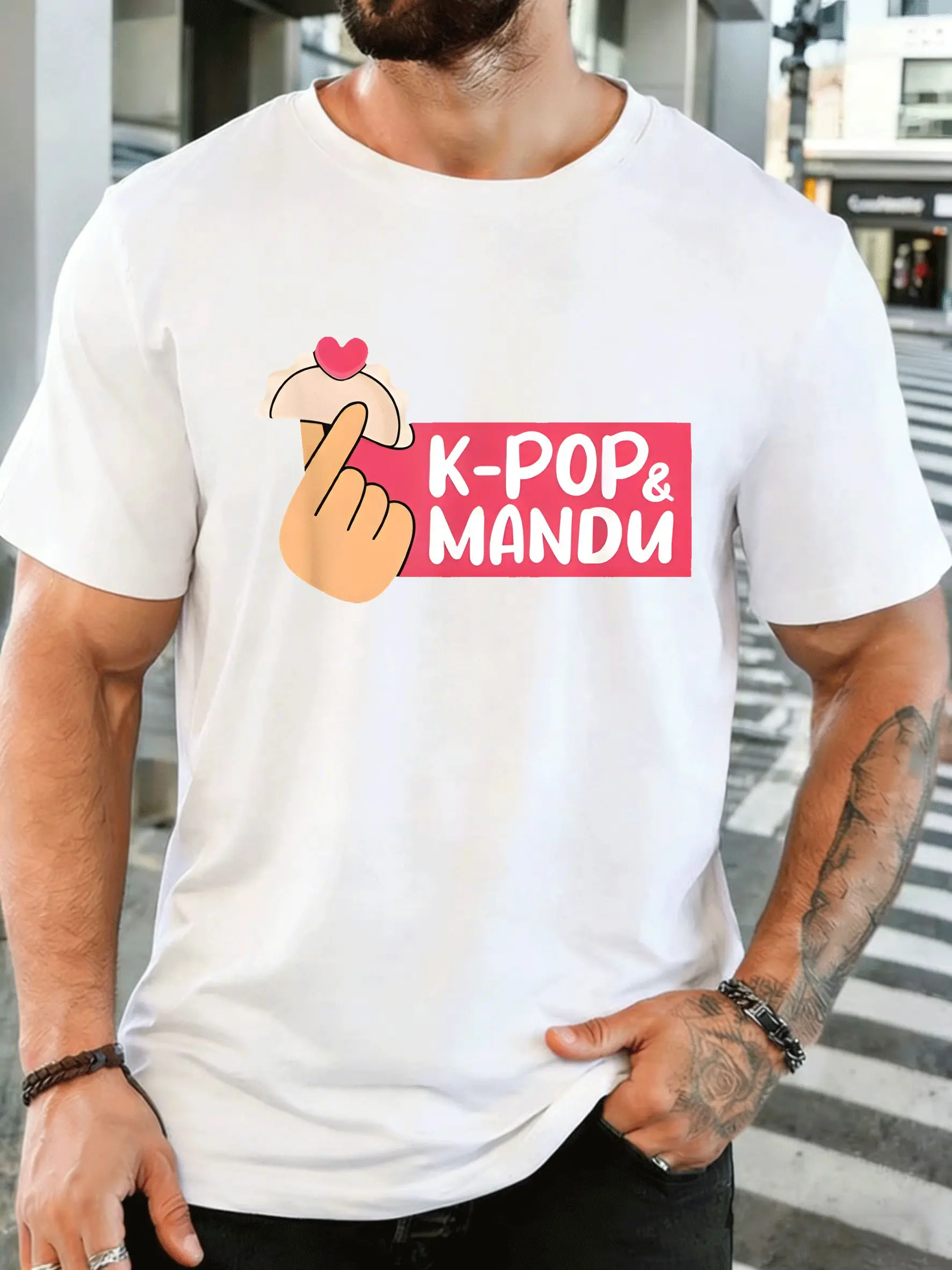 Men Short Sleeve T Shirt K Pop Mandu Graphic Tee Cute Hand Food Print Tops Summer Soft Cotton Casual Street Wear For Adult Male
