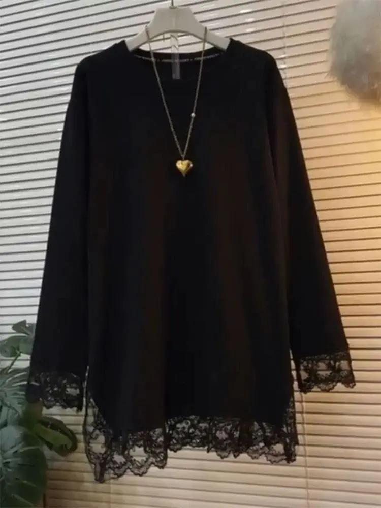 

Плюс размер 6XL 150 кг Осенний кружевной топ Женская футболка с длинным рукавом и круглым вырезом Женские топы Большой большой размер Футболка Женская одежда