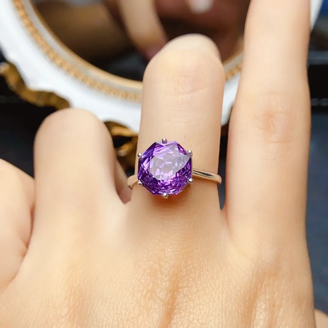 ZECAA Amethyst Fine Jewelry Woman Amethyst Ring With Natural Amethyst Gemstone 10*10mm Silver Amethyst Jewelry Ring Lady Gift