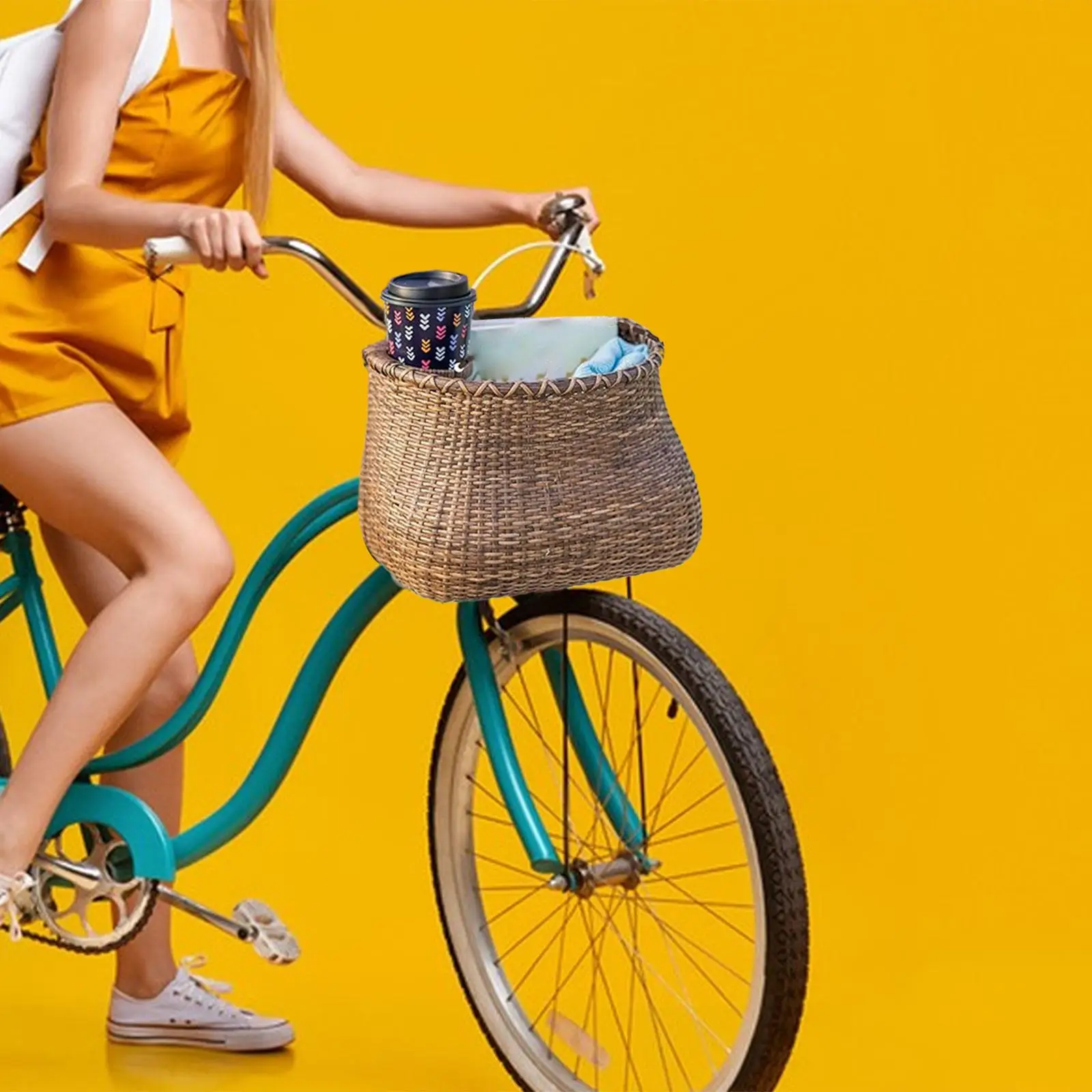Rattan Bicycle Basket Front Handlebar Carrier for Most Bikes with Adjustable Straps Cup Holder for Adult Riding Picnic