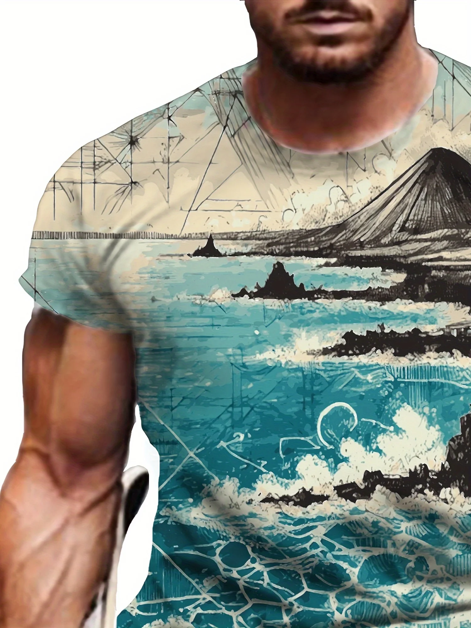Men's 3D Oceanic Landscape Graphic T-Shirt - Comfortable Polyester, Relaxed Fit, Crew Neck Short Sleeve Tee