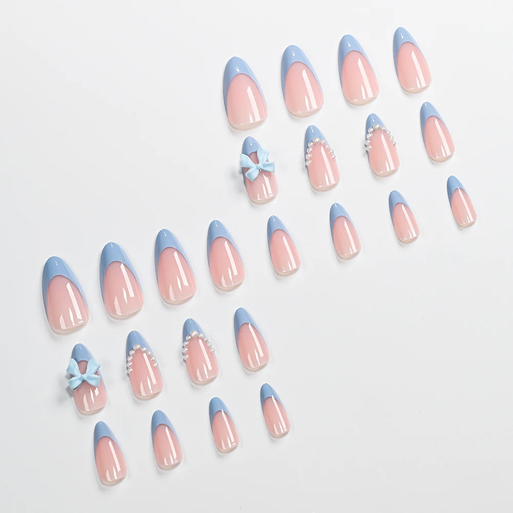 24 pièces faux ongles avec pointes bleues françaises conception d'arc de perle Y2K faux ongles en forme d'amande entièrement couvert acrylique faux ongles à pression