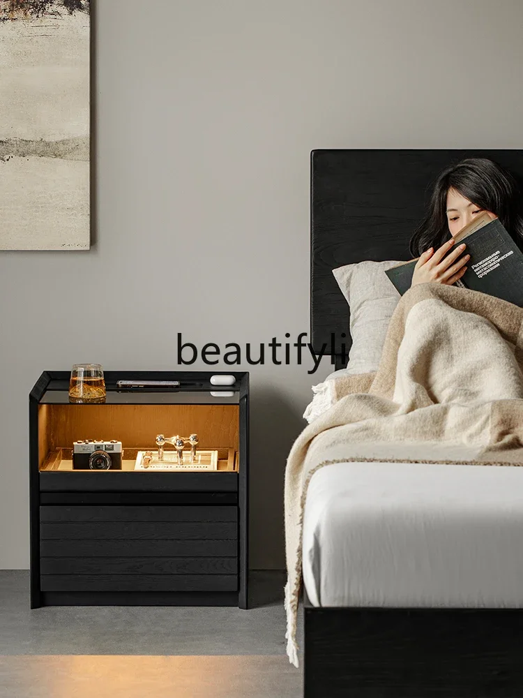 

ss CSmart bedside table Wireless charging Home bedroom Bedside solid wood locker Black cabinet with light