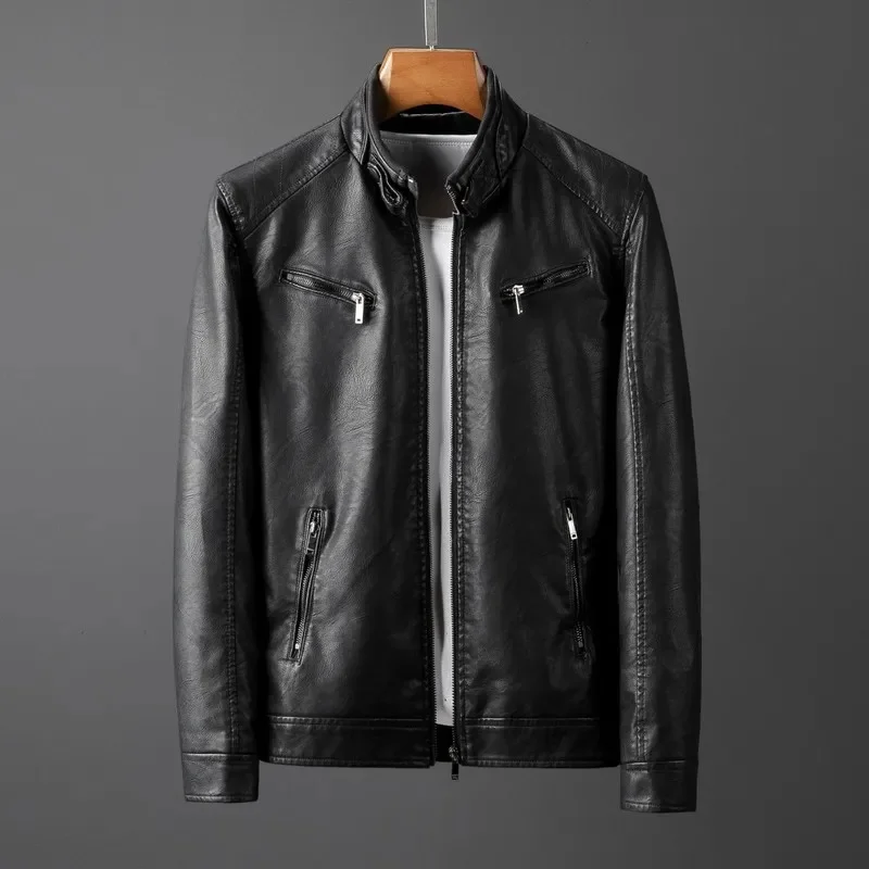 2024 Male Brown Black PU Leather Men Zipper Casual Motorcycle Jacket Mens Street Fashion Biker Slim Coat Clothing