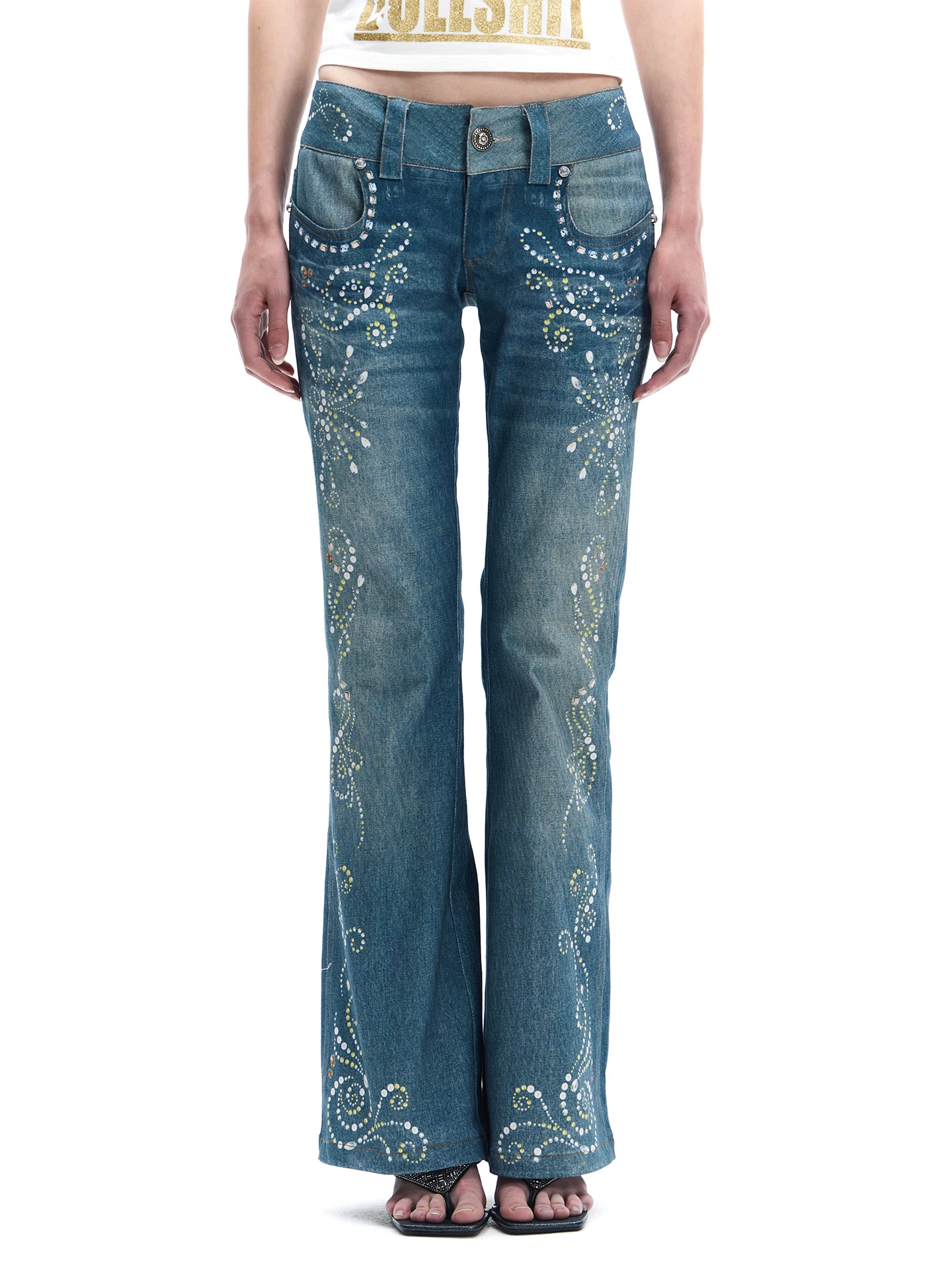 Faychui Millennium Retro Gem Print Flared Jeans American Hot Girl Weathered Denim Pants Mid-Century Style Natural Waist